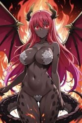 1girl ai-created ai_generated bare_shoulders black_skin breasts clavicle cleavage closed_mouth colored_skin crotch_plate dark-skinned_female dark_skin demon_girl demon_wings dragon_girl dragon_horns dragon_tail dragon_wings female fire frown glowing glowing_eyes gluteal_fold gradient_hair hair_between_eyes high_resolution horns large_breasts long_hair looking_at_viewer monster_girl multicolored_hair navel portrait rakudai_kishi_no_cavalry red_eyes red_hair rena_aikawa_(pixiv_user) scales solo standing stella_vermillion stomach tail thigh_gap thighs very_dark_skin wings