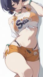 1girl 1girls bare_shoulders belle_(summer_skies)_(zenless_zone_zero) belle_(zenless_zone_zero) big_breasts bikini breasts choker dandabum25 green_eyes highleg large_breasts looking_at_viewer lying midriff navel on_side orange_bikini see-through shadow shirt short_shorts shorts solo swimsuit thighs zenless_zone_zero