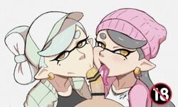 2girls :>= agent_4_(splatoon) anteater_face beanie blowjob_face blush callie_(splatoon) censored collaborative_fellatio eye_contact fellatio futa_on_female futanari inkling looking_at_viewer marie_(splatoon) nintendo nuranura-san oral pointy_ears pov small_penis smooth_skin splatoon