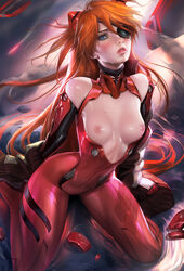 asuka_langley_sohryu blush bodysuit breasts clothing eye_patch female neon_genesis_evangelion nipples nude plugsuit sakimichan small_breasts sweat