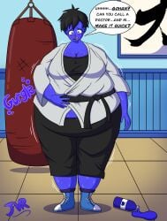 1girls ass_expansion belly_expansion big_ass big_belly big_breasts blue_skin blueberry_inflation bottle breast_expansion breasts cleavage dialogue dragon_ball dragon_ball_z drink expansion female grabbing_own_belly inflation jinglevellrock karate karate_belt karate_outfit punching_bag tagme videl videl_(majin_buu_saga) videl_(short_hair)