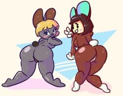 animal_crossing anthro argylesockx ass blush bodily_fluids bonbon_(animal_crossing) carmen_(animal_crossing) duo female lagomorph leporid mammal nintendo rabbit sweat video_games