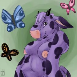 1:1 2007 anthro arthropod bovid bovine breasts butterfly cattle digital_media_(artwork) female fur group half-length_portrait insects lepidopteran mammal nipples overweight pmoss portrait purple_body purple_fur solo_focus