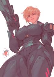 annoyed annoyed_expression big_breasts bigger_female blonde_female blonde_hair blonde_hair_female breasts clothed clothed_female disney female female_focus fix-it_felix_jr. large_boobs large_breasts larger_female light-skinned_female light_skin male male_pov pixar pov ranged_weapon rebigaki_art sergeant_calhoun weapon