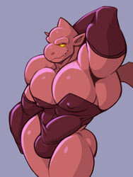 3:4 analon_(artist) anthro armwear balls_outline boner bulge capcom clothed clothing corset crossdressing demon demon's_crest elbow_gloves empty_eyes erection firebrand genital_outline ghosts_'n_goblins gloves hand_behind_head handwear hi_res lingerie male male_only muscular muscular_male nipple_outline pecs penis_outline red_arremer red_body scalie seductive simple_background solo tight_clothing toomanyboners topwear video_games yellow_eyes