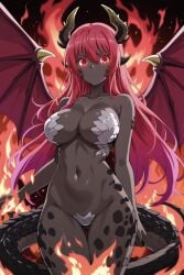 1girl ai-created ai_generated bare_shoulders black_skin breasts clavicle cleavage closed_mouth colored_skin crotch_plate dark-skinned_female dark_skin demon_girl dragon_girl dragon_horns dragon_tail dragon_wings female fire glowing glowing_eyes gluteal_fold gradient_hair grey_skin hair_between_eyes high_resolution horns large_breasts long_hair looking_at_viewer monster_girl multicolored_hair navel nude portrait rakudai_kishi_no_cavalry red_eyes red_hair red_wings rena_aikawa_(pixiv_user) scales slit_pupils solo standing stella_vermillion stomach tail thigh_gap thighs very_dark_skin wings
