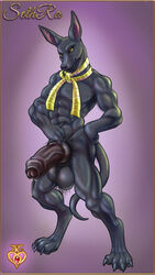 anthro anubian_jackal big_muscles canid canine canis dark_skin dripping_precum foreskin genitals hairy humanoid_genitalia humanoid_penis jackal male male_only mammal muscular muscular_male penis pubes shanta-ra solo solo_focus solo_male uncut yellow_eyes