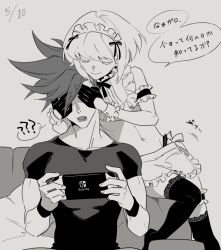 2boys androgynous bob_cut crossdressing femboy galo_thymos gay lio_fotia maid maid_headdress monochrome promare short_hair stockings thighhighs twink yaoi