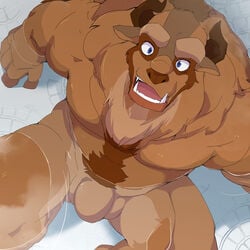 1:1 1boy alternate_version_at_source anthro balls beast_(disney) beauty_and_the_beast blue_eyes brown_balls brown_penis disney flaccid genitals hi_res high-angle_view horn looking_at_viewer male male_only monster muscular muscular_male nude open_mouth open_smile orangetaming partially_submerged pecs penis sitting smile solo teeth water