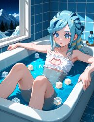 1boy ai_generated bath bathing bathroom bathtub blue_eyes bra bulge cat_cutout cold_water femboy grusha_(pokemon) ice_bath ice_cubes lingerie male nail_polish nails_painted night otoko_no_ko panties pokemon surprised surprised_face thighs water