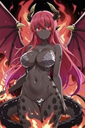 1girl ai-created ai_generated bare_shoulders black_nails black_skin breasts clavicle cleavage closed_mouth colored_skin dark-skinned_female dark_skin demon_girl demon_wings dragon_girl dragon_horns dragon_tail dragon_wings ear female fingernails fire glowing glowing_eyes gluteal_fold gradient_hair grey_skin hair_between_eyes high_resolution horns large_breasts long_hair looking_at_viewer monster_girl multicolored_hair navel pointed_ears portrait rakudai_kishi_no_cavalry red_eyes red_hair rena_aikawa_(pixiv_user) scales slit_pupils solo standing stella_vermillion stomach tail thigh_gap thighs very_dark_skin wings