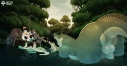 3_toes 4_fingers all_fours alligator alligatorid animal_genitalia anthro arm_tattoo ass backsack balls barefoot bedroom_eyes big_butt black_body black_fur bottomwear canid canine catsnbriefs clothed clothing clothing_in_mouth crocodile crocodilian erection facial_piercing feet fingers fishing fishing_rod fishnet_clothing fox fur genitals green_body green_scales grin group hat headgear headwear hi_res lying male male/male mammal narrowed_eyes nose_piercing nose_ring nude on_back open_clothing open_topwear open_vest pawpads perineum piercing red_eyes reptile ring_piercing scales scalie seductive sheath shorts signature size_difference smile surprised swamp tattoo teeth tenting toes topwear vest water wet white_body white_fur white_sclera wide_eyed yellow_sclera