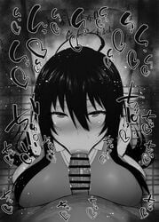 1boy 1girls :>= big_breasts big_penis black_and_white blush censored dark-skinned_male dark_skin detailed_background drooling eyelashes fellatio heart human indoor inside interracial kagari_ayaka kurotama long_hair looking_at_viewer male male_pov oral oral_sex room saliva shiny shiny_skin sketch sound_effects squatting sweat text vein veins veiny veiny_penis vest witch_craft_works