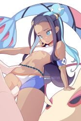 1boy 1girls armlet belly_chain black_hair blue_eyes blue_hair breasts clothed_female_nude_male clothed_sex clothing_aside dark-skinned_female dark_skin earrings female highres hoop_earrings hotvr jewelry long_hair male multicolored_hair nessa_(pokemon) nude penis pokemon pokemon_(species) pussy sex shorts shorts_aside solo_focus straight two-tone_hair uncensored upshorts vaginal_penetration