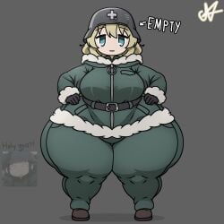 1female 1girls 2d 2d_(artwork) 2d_artwork arrow arrow_(symbol) arrow_pointing_to_face artist_signature blonde_female blonde_hair blonde_hair_female blue_eyes bottom_heavy bottomless_female breasts busty dumb dumb_girl female green_clothing hands_on_hips helmet hips hips_wider_than_shoulders light-skinned_female light_skin medium_breasts military_uniform nitnat shortstack shoujo_shuumatsu_ryokou simple_background solo solo_female solo_focus thicc thick thick_hips thick_legs thick_thighs twitter_link voluptuous voluptuous_female wide_hips winter_clothes winter_uniform yuuri_(shoujo_shuumatsu_ryokou)