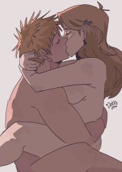 1boy 1boy1girl 1girls arms_around_neck arms_around_partner artist_name artist_signature big_breasts bleach breasts canon_couple closed_eyes color completely_nude dated ear_piercing earrings embrace grey_background hair_ornament hairclip hand_on_another's_head highres husband_and_wife ichigo_kurosaki inoue_orihime jokko kissing large_breasts lighting long_hair married_couple orange_hair romantic romantic_couple side_view sideboob sitting spiky_hair straight watermark wholesome