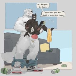 1:1 absurd_res alternate_version_at_source anal anal_sex anthro arm_tuft balls black_body black_claws black_nipples bodily_fluids canid canine canis claws clothing cum cum_while_penetrated cumshot domestic_cat domestic_dog duo ejaculation elbow_tuft emanata english_text felid feline felis flaccid footwear forced full_nelson full_nelson_(legs_held) gato_matero gato_matero_(character) genital_fluids genitals hands-free hi_res humanoid_genitalia humanoid_penis inflation knot looking_aside male male/male mammal navel nipples penetration penis pink_nose pink_penis sex shoes shorts_around_ankles size_difference sneakers text tuft underwear_around_ankles white_body