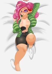 1girls bluesky_link bluesky_username body_pillow breasts chaotictravis clothes_pull clothes_removed dakimakura dakimakura_design looking_at_viewer looking_pleasured octoling octoling_girl octoling_rival pink_hair pose scarlet_the_octoling splatoon splatoon_3 stripping teasing