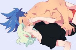 2boys androgynous femboy galo_thymos gay gay_sex hip_grab kukumomo lio_fotia making_out promare size_difference suggestive twink wholesome yaoi