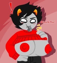 ! 1boy 1boys alien alien_humanoid black_hair black_hair_male breast breasts busty busty_boy color colored colored_skin dialogue grey_skin homestuck homestuck_troll horn horns humanoid humanoid_alien kankri_vantas large_breasts looking_at_viewer lustydrawy male male_boobs male_breasts male_focus male_only male_tits partially_clothed partially_clothed_male short_hair short_hair_male solo solo_male sweater text troll whistle