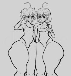 2025 ahoge big_ass big_breasts big_thighs black_and_white bottom_heavy bulge cameltoe degdaze female femboy large_ass large_breasts line_art male male/female siblings slim_waist small_bulge small_penis swimsuit thick_ass thick_thighs twins white_background