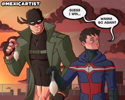 2boys black_hair blush bottomless clouds competition condom_filling cum filled_condom gay haimawari_kouichi human human_only iwao_oguro knuckleduster_(my_hero_academia) looking_away male male_only mexicartist penis_out_of_frame speech_bubble stars sunset the_crawler_(mha) vigilante:_my_hero_academia_illegals