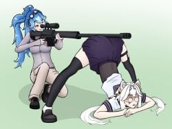 2girls ass blue_hair female filian_(vtuber) gun hair jack-o_pose long_hair sniper_rifle vtuber white_hair