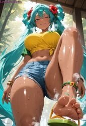 1girls absurd_res ai_generated aqua_eyes aqua_hair barefoot big_breasts blush blush_lines brazil brazilian brazilian_female brazilian_miku breasts crop_top curvy curvy_figure denim denim_shorts female flip_flops foot_fetish foot_focus foot_worship from_below green_toenail hatsune_miku high_resolution highres lewdcreationsai light-skinned_female light_skin looking_at_viewer outdoors painted_toenails polish sexually_suggestive smile soles solo solo_female solo_focus stable_diffusion steam steaming_body steamy_breath sweat sweatdrop sweating sweaty sweaty_body sweaty_foot tagme thick thick_legs thick_thighs thighs tied_shirt toenail_polish toes twintails wrinkled_soles wrinkles