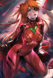 1girls asuka_langley_sohryu blush bodysuit breasts clothing eye_patch female female_only fully_clothed human light-skinned_female light_skin long_hair neon_genesis_evangelion orange_hair pilot_suit plugsuit rebuild_of_evangelion sakimichan small_breasts solo