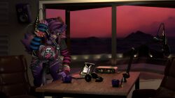 absurd_res alternative_fashion animal_genitalia animal_penis anthro balls big_penis bite chair clothing collar computer container cup dexy dominant electronics equine_genitalia equine_penis eyewear fangs fur furniture futanari genitals glasses gold_stripes goth headphones hi_res horn huge_filesize human humanoid inside intersex intimidation landscape laptop looking_at_viewer mammal microphone mommy_kink mythicalyeen partial_nudity penis piercing pinup podcast pool pose punk purple_body purple_fur sabertooth_(anatomy) seductive seductive_mouth solo speaker table teeth tongue tongue_out topwear vrchat_model