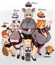 4girls boob_window breasts_bigger_than_head bursting_breasts cleavage daebom fan_character gigantic_breasts height_difference huge_breasts kv2_(daebom) large_breasts looking_at_viewer maus mouse_ears mouse_girl multiple_girls original_character partially_unbuttoned partially_unzipped saluting scorpion_tail shortstack sturmtiger tie tie_between_breasts tiger_ears tiger_girl tiger_tail tight_clothing war_thunder