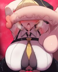 2girls after_ejaculation after_fellatio armpits arms_up astra_yao between_breasts black_pants blonde_hair blush breasts censored collared_shirt commentary_request cum cum_in_mouth cumdrip evelyn_chevalier facing_viewer female female_pubic_hair futa_with_female futanari highres huge_breasts huge_cock huge_testicles intersex mosaic_censoring multiple_girls necktie necktie_between_breasts open_mouth pants penis penis_on_face penis_over_eyes pubic_hair red_background rikuguma shirt short_hair sidelocks simple_background sleeveless sleeveless_shirt steam steaming_body testicles tongue tongue_out undershirt veins veiny_penis white_shirt yellow_necktie zenless_zone_zero