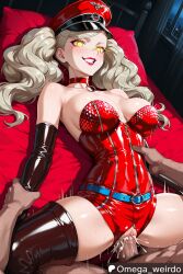 1girl 1girl1boy ai_generated ann_takamaki arm_grab bed bedroom bedroom_sex belt big_breasts blonde_female blonde_hair blush breasts choker corrupted corruption corset enemy_conversion evil_eyes evil_grin evil_smile faceless_male female glowing_eyes hat indoors laying_down laying_on_back laying_on_bed lipstick long_hair makeup male missionary missionary_position missionary_sex motion_lines omega_weirdo patreon persona persona_5 pov pov_sex sex shadow_self_(persona) sleeve_gloves stockings twintails waist_grab yellow_eyes