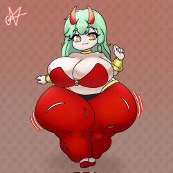 1female 1girls 2d 2d_(artwork) 2d_artwork artist_signature belly_dancer big_breasts breasts breasts_bigger_than_head commission female green_hair hips hips_wider_than_shoulders horn horned_female horned_humanoid horns huge_breasts looking_at_viewer motion_lines nitnat orange_eyes original original_character red_clothing red_pants shantae shantae_(cosplay) shortstack solo solo_female solo_focus thick thick_ass thick_legs thick_thighs twitter_link voluptuous voluptuous_female wide_hips