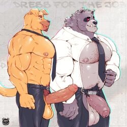 1:1 2025 absurd_res anthro areola balls barazoku beard belly belt biceps big_balls big_muscles big_penis blep body_hair canid canine canis casual_exposure chaps chest_hair claws clothed clothing collared_shirt deltoids domestic_dog duo english_text erection eyebrows facial_hair foreskin formal_wear fur genitals geometric_background glans grey_background grid_background happy_trail hi_res huge_balls huge_cock huge_muscles humanoid_genitalia humanoid_penis kemono long_sleeves male mammal musclegut muscular muscular_anthro muscular_male navel necktie nipples open_clothing open_shirt open_topwear pattern_background pecs penis procyonid pubes punktoso raccoon red_sclera saggy_balls shirt side_view simple_background smile standing star_eyes teeth text thick_arms tongue tongue_out topless topless_anthro topless_male topwear tuft uneven_balls unretracted_foreskin urethra vein watermark