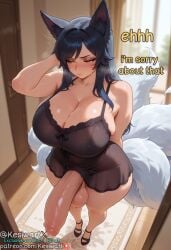 1futa ahri ahri_(league_of_legends) ai_generated black_hair black_nightgown blurry blurry_background breasts carpet cleavage cum cum_on_carpet curtain day embarrassed_eyes female fox_ears fox_tail full_body futanari hand_back_of_head homeroom huge_breasts huge_cock huge_testicles kesiwart league_of_legends multiple_tails nightgown precum standing sweat thick_thighs whisker_markings wide_shot