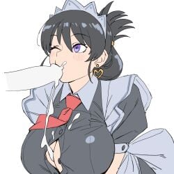 1boy after_paizuri black_dress black_hair blank_censor blue_eyes blush breasts censored cleavage commentary_request cum cum_on_body cum_on_breasts cum_on_clothes dress earrings ejaculation fellatio female folded_ponytail heart heart_earrings highres jewelry large_breasts maid_headdress male nagi_arato necktie one_eye_closed onsen_tamago_(hs_egg) oral puffy_short_sleeves puffy_sleeves red_necktie ruri_no_houseki ruri_rocks short_sleeves simple_background solo_focus white_background