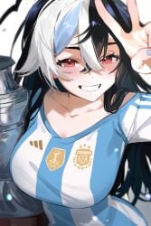 absurdres argentina asociacion_de_futbol_argentina black_hair blush breasts collarbone commentary english_commentary female hair_between_eyes highres holding holding_trophy indie_virtual_youtuber large_breasts long_hair looking_at_viewer mixed-language_commentary momote momote_(vtuber) momotexx_(artist) momotexx_(vtuber) multicolored_hair red_eyes simple_background soccer_uniform solo spanish_commentary sportswear trophy v virtual_youtuber white_background