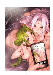 1boy 2girls border bracelet camera cellphone facial_mark fellatio forehead_mark from_above green_hair highres holding holding_phone jewelry licking licking_penis long_hair looking_at_viewer multiple_girls necklace nishieda non-web_source nude oral original page_number partially_submerged penis phone pink_hair pov red_eyes smartphone snake_tattoo taking_picture tattoo tongue tongue_out water white_border
