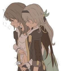 2girls artist_name black_gloves black_hairband black_jacket black_ribbon black_skirt blush censored character_censor closed_eyes clothes_lift collarbone cum dress english_commentary female fingerless_gloves firefly_(honkai:_star_rail) futa_with_female futanari gloves gold_ring green_dress grey_hair hair_between_eyes hair_ornament hair_ribbon hairband half-closed_eyes handjob honkai:_star_rail honkai_(series) huffing intersex jacket korshokor leaf_hair_ornament long_hair long_sleeves looking_at_another multiple_girls navel novelty_censor open_clothes open_jacket open_mouth penis pink_eyes pocket_watch puffy_long_sleeves puffy_sleeves ribbon shirt shirt_lift sidelocks simple_background skirt standing stelle_(honkai:_star_rail) sweat t-shirt trailblazer_(honkai:_star_rail) trembling two-tone_dress watch white_background white_dress white_shirt