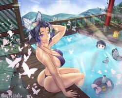 2girls ass bath bikini breasts bubble_ass butterfly butterfly_hair_ornament demon_slayer detailed_background female female_only horizonah221 kimetsu_no_yaiba kochou_shinobu large_breasts large_penis male penis purple_eyes purple_hair swimsuit tsuyuri_kanao voluptuous