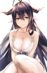 antenna_hair bandages black_hair blush breasts cleavage danua_(granblue_fantasy) draph dress female granblue_fantasy hair_between_eyes highres horn_ornament horns jewelry large_breasts long_hair looking_at_viewer pointy_ears red_eyes simple_background smile solo white_background white_dress