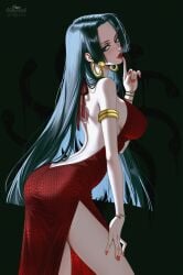 1girls 2d ai_generated ass ass_cleavage ass_crack ass_crack_outline back black_hair boa_hancock breasts butt_crack butt_focus clothed clothed_female dat_ass dress female finger_on_lip one_piece open_back_dress prixmal red_dress solo solo_female solo_focus