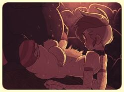 1boy 2d 2d_(artwork) alternate_version_available anal anal_sex anthro anthro_on_human balls bara big_penis breasts collar comic comic_page covered_nipples earrings femboy heart_pasties hi_res huge_breasts hung hung_bottom hung_femboy hung_trap jack_cayless looking_at_penis male navel panties pasties penis rapscallion revealing_clothes side-tie_panties stomach_bulge straight_to_gay thin thin_waist topless topless_male trap twink