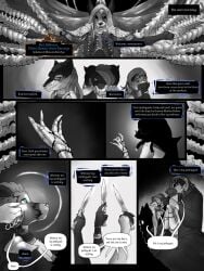 3:4 ambiguous_gender anthro beads black_and_white body_horror bone bovid canid caprine comic dagger dialogue english_text female gag gagged gold_(metal) group hi_res jewelry male mammal mask melee_weapon missing_eye monochrome nafisa_vharr_antrelys prayer_beads skeleton text tyunre weapon wearing_mask wounded
