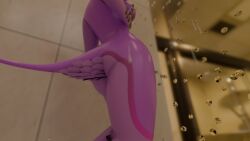 4_ears ana_york anthro aroused ass avali avian blender_(artwork) blender_cycles breasts butt_focus digital_media_(artwork) feathers female female_focus hand_on_breast hi_res holding_breast kwoyak medium_breasts multi_ear nude shower simple_background small_butt solo tail underfluffies waterdrops wet wet_body