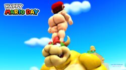 2boys 3d 3d_(artwork) anthro ass blue_sky bowser brown_hair bubble_butt clouds duo fat_ass furry furry_male gay hat horns human human_on_anthro koopa larger_male light-skinned_male light_skin looking_up looking_up_at_another male male/male mar10_day mario mario_(series) nintendo nude nude_male outdoors plump_ass red_hat reptile saiyangoku4_(artist) scalie size_difference smaller_male standing_on_another thick_ass yellow_skin