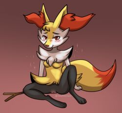 anthro arm_tuft artist_name ass black_body black_fur blush braixen breasts chest_tuft dipstick_tail facial_tuft female fur generation_6_pokemon genitals gradient_background head_tuft inner_ear_fluff looking_at_viewer markings nintendo nude nude_anthro nude_female orange_body orange_eyes orange_fur orange_inner_ear_fluff pink_background pokemon pokemon_(species) rainypaws shoulder_tuft simple_background sitting sitting_on_ground smile smiling_at_viewer solo sparkles stick tail tail_markings text tuft vulva white_body white_fur yellow_body yellow_fur