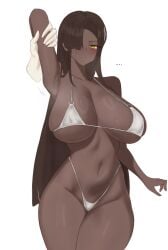 ... 1girls armpits bare_legs big_breasts black_hair blush breasts busty dark-skinned_female dark_skin female female_only huge_breasts limbus_company long_hair looking_at_viewer pmlbtmlorlc project_moon raised_arm simple_background solo white_background white_bikini yellow_eyes zilu_(limbus_company)