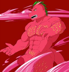 2017 abs anthro benton_(geng) biceps big_muscles big_pecs big_penis body_hair cheek_spikes claws colored dragon elemental_creature facial_spikes fangs flora_fauna food food_creature fruit fruit_dragon fruit_juice geng genitals half-erect humanoid_genitalia humanoid_penis leaf leaf_hair living_fruit magic_user male muscular muscular_anthro muscular_arms muscular_male nude open_mouth pecs penis plant plant_hair pseudo_hair pubes red_body red_skin shaded simple_background solo spikes spikes_(anatomy) teeth thick_thighs tongue